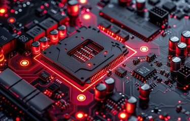 Fototapeta premium The bright red circuit board of the motherboard of a complex electronic computer machine