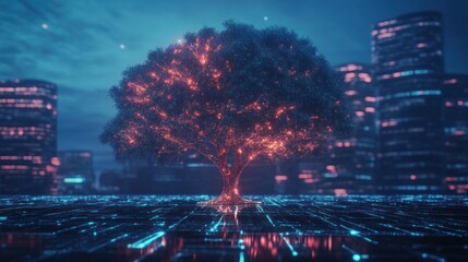 Fototapeta premium Digital Tree in a Futuristic Cityscape