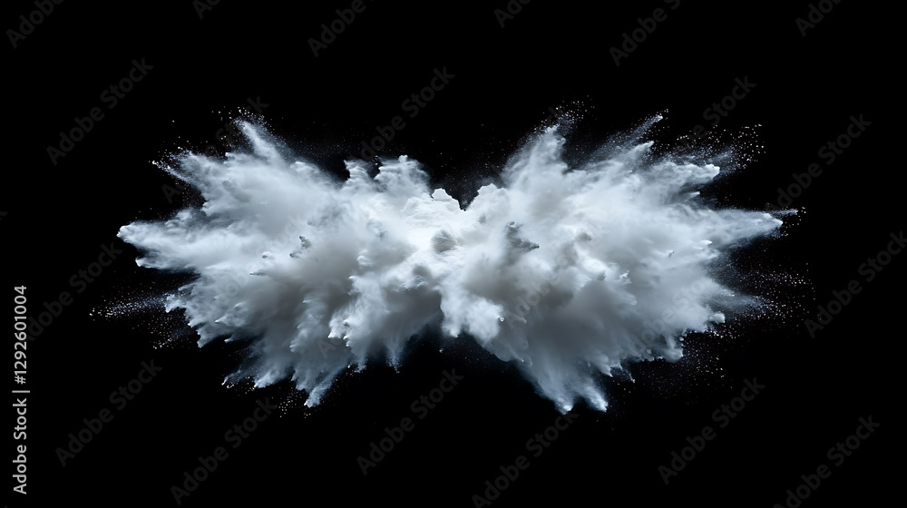Poster explosive white powder cloud creation studio dynamic visuals isolated black background artistic view