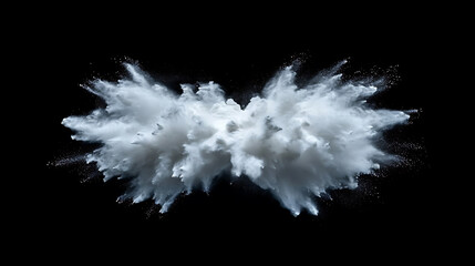 Explosive white powder cloud creation studio dynamic visuals isolated black background artistic view conceptual art