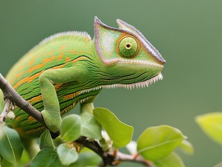 Fototapeta premium Colorful Chameleon Climbing on Branch in Natural Habitat Environment