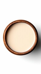Wooden Bowl Filled with Creamy Beverage on White Surface Studio Shot Minimalist Simplicity