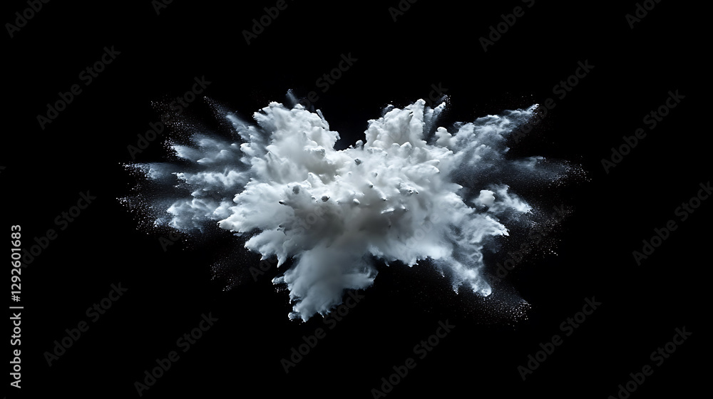 Poster dynamic explosion of white powder studio setting abstract image dark background high-contrast visual