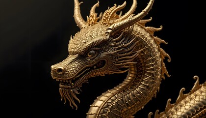Golden Dragon Statue Detailed Close-up on Black Background Mystical Sculpture