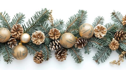 Golden fir branches and pine cones as decoration or ornament isolated on white background