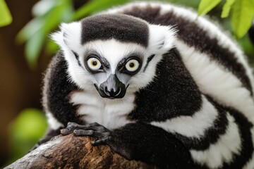 Fototapeta premium Close-up of a Curious Black and White Lemur in Tropical Setting