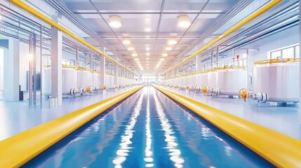 Fototapeta premium A bright, spacious industrial facility with long yellow pipes running alongside a body of water, showcasing modern design and engineering.