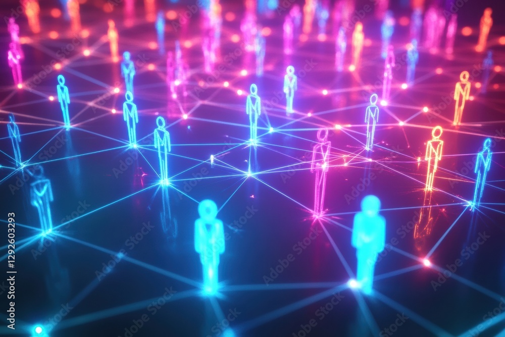 Poster Vibrant social media network visualized with colorful 3D avatars connected by dynamic energy lines. Generative AI