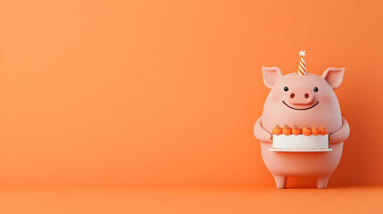 Cute Pig Character Celebrating Birthday with Cake on Orange Background