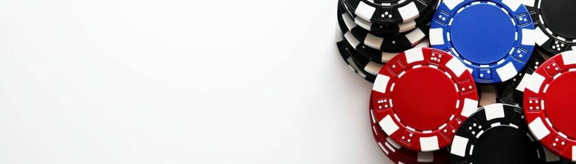 Casino Chips Stacked Black Red and Blue Gaming Tokens Gambling Equipment White Background Isolated