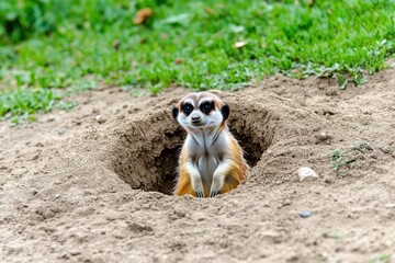 Fototapeta premium Curious Meerkat Emerging from Burrow in Natural Habitat Environment