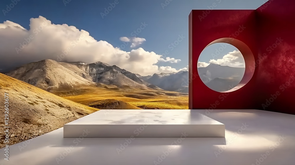 Aufkleber white minimal platform against mountain range and red circular structure