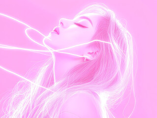 Ethereal portrait of a dreamy woman studio fashion photography pink lighting side view surreal concept
