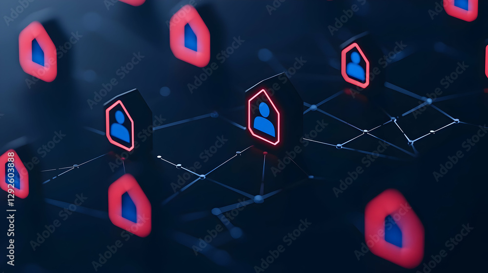 Aufkleber digital network of user icons in red houses on dark background