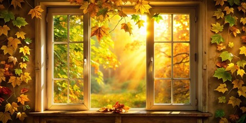 Autumnal Window View Golden Sunlight Illuminating Vibrant Fall Foliage Through a Rustic Window Frame