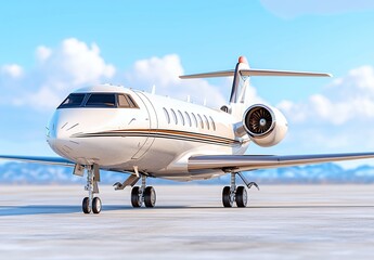 Fototapeta premium White Private Jet on Runway with Mountain Background