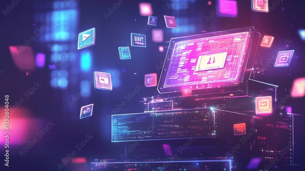 Poster futuristic digital interface with floating icons and holographic screen display design
