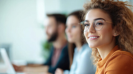 Smiling woman with curly hair and glasses in modern office setting, engaged in collaborative work environment with colleagues