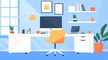 Flat workspace: modern desk setup with computer and shelves