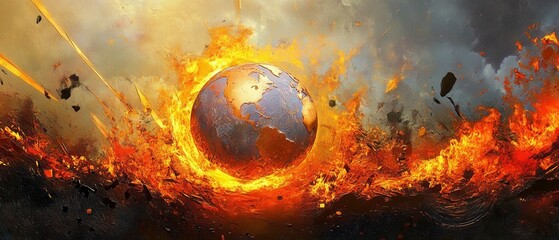 A fiery depiction of Earth engulfed in flames, illustrating themes of destruction and chaos in a dramatic apocalyptic scene.