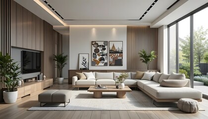 Modern Living Room Interior with Large Sectional Sofa and Natural Light