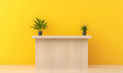 Modern Wooden Table with Green Plants Against Bright Yellow Wall