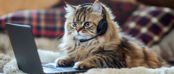 Cat Agent: Fluffy Persian with Headset Working on Laptop