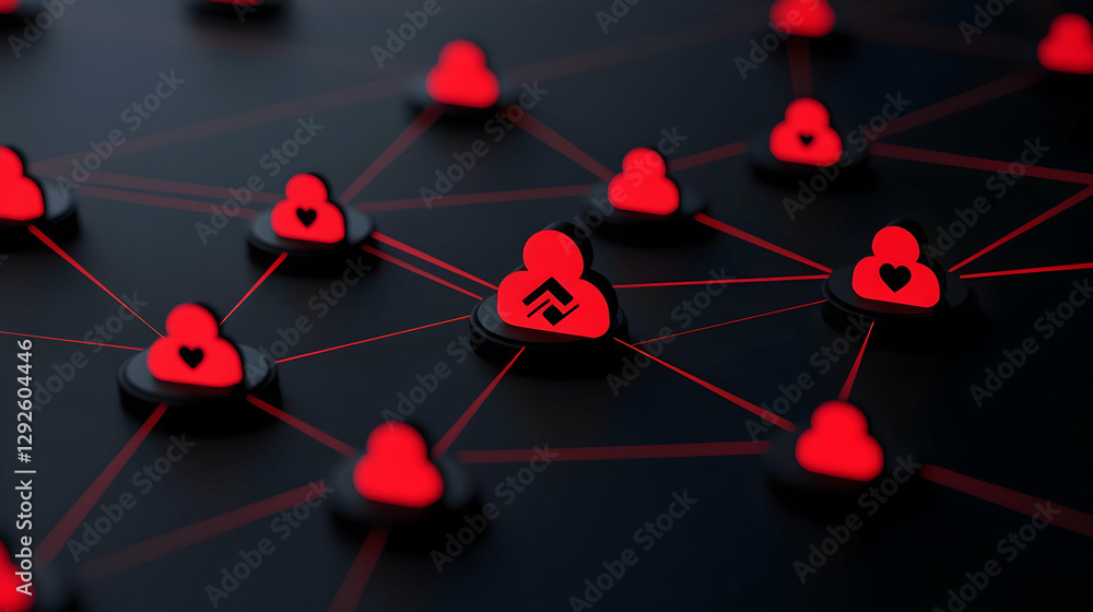 Poster network connection concept with red hearts and social interaction symbols