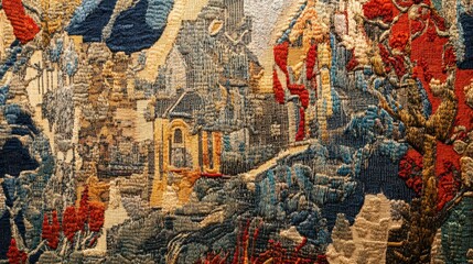 Intricate Tapestry Depicting Medieval Town Scene