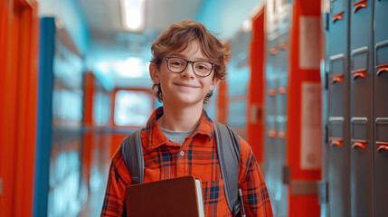 Boy with glasses smiles in a bright school corridor while holding a notebook and pen ready for class activities