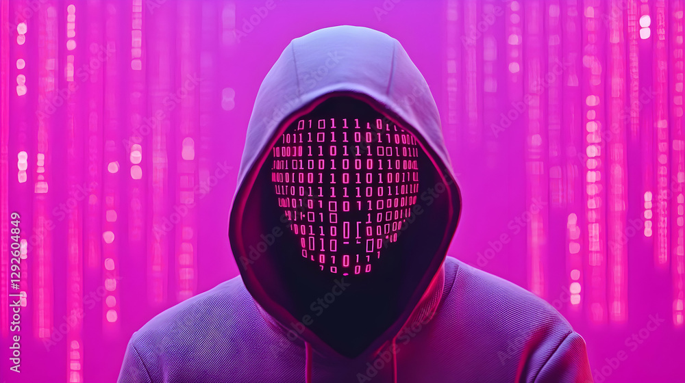 Poster mysterious figure with binary code face in digital environment