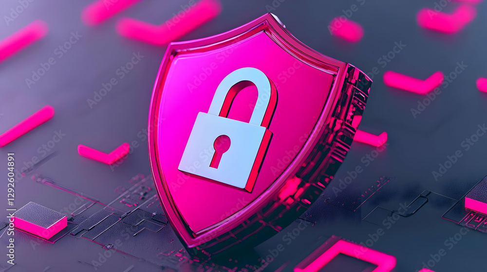 Poster digital lock icon on shield with nodes and circuit background