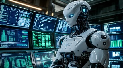 Fototapeta premium Robot Analyst: Data Screens