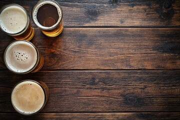 Three glasses of beer with frothy foam on a rustic wooden table, leaving space for text. Ideal for bar, brewery, and festive drink concepts