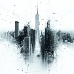 Futuristic Urban Skyline Visualization with Abstract Elements and Technological Aesthetics in Black and White