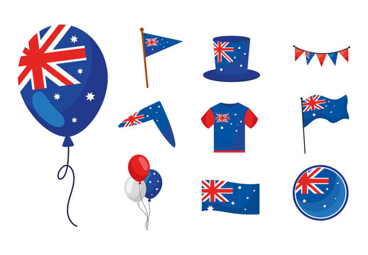 Blue Australia Day Celebration Festival Icons Set