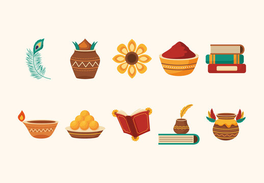 Brown Vasant Basant Festival Celebration Icons Set
