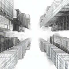 Fototapeta premium Abstract Perspective of Futuristic Cityscape with Skyscrapers and Monochrome Grid Design in Three-Dimensional View
