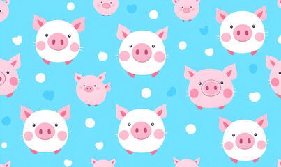 Obraz premium Cute Cartoon Pig Patterns with Blue Background and White Dots