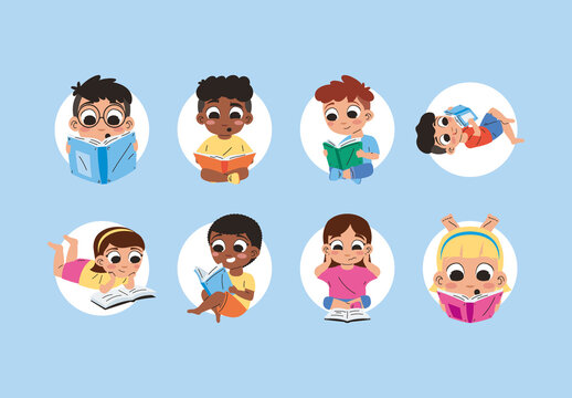 Colorful Happy Children Studying Books Education Set