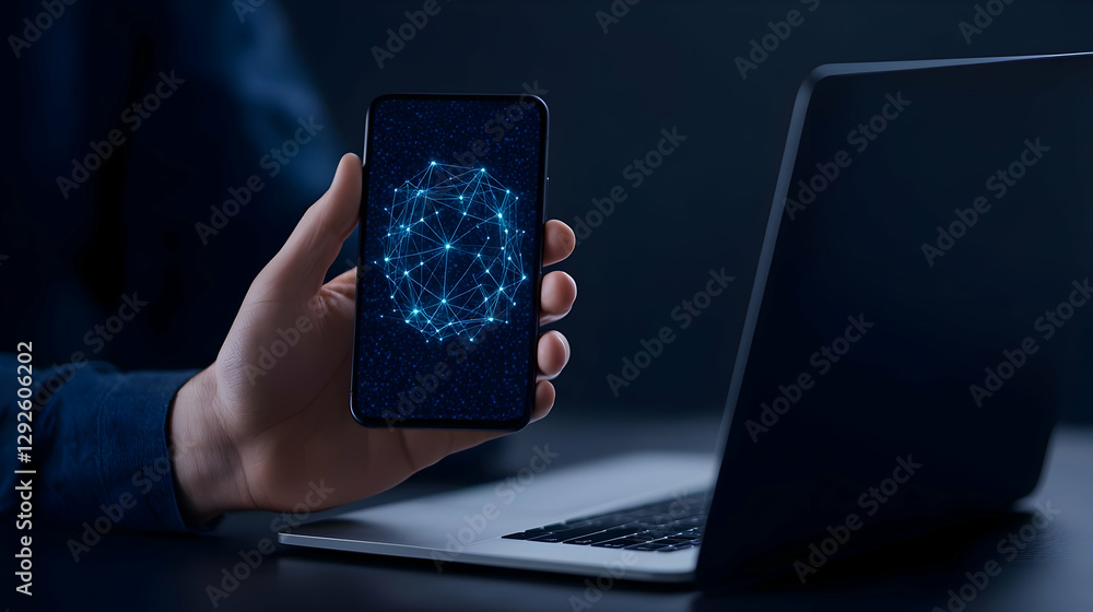 Poster hand holding smartphone displaying digital network connection concept