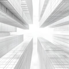 Fototapeta premium Abstract Perspective of Modern Skyscrapers Reaching into the Sky with Glass Facades and Reflection in a Urban Landscape
