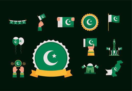 Green Pakistan National Celebration Culture Icons Set