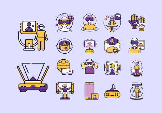 Colorful Futuristic Virtual Reality Technology Icons Set