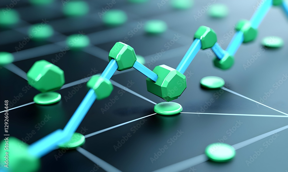 Poster 3d graph representation with green hexagons and blue line chart elements
