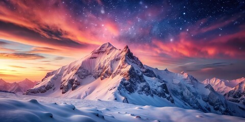 Obraz premium Majestic snow-capped peaks bathed in the warm glow of a vibrant sunset, under a breathtaking starry sky, a picturesque winter wonderland scene.