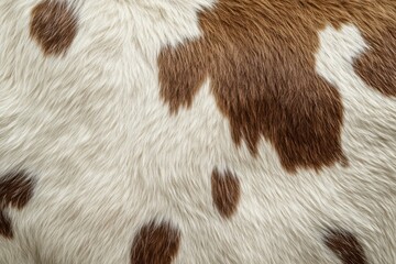 Close-up of cowhide with brown patches on white fur. Ideal for textures, backgrounds, or fashion designs.