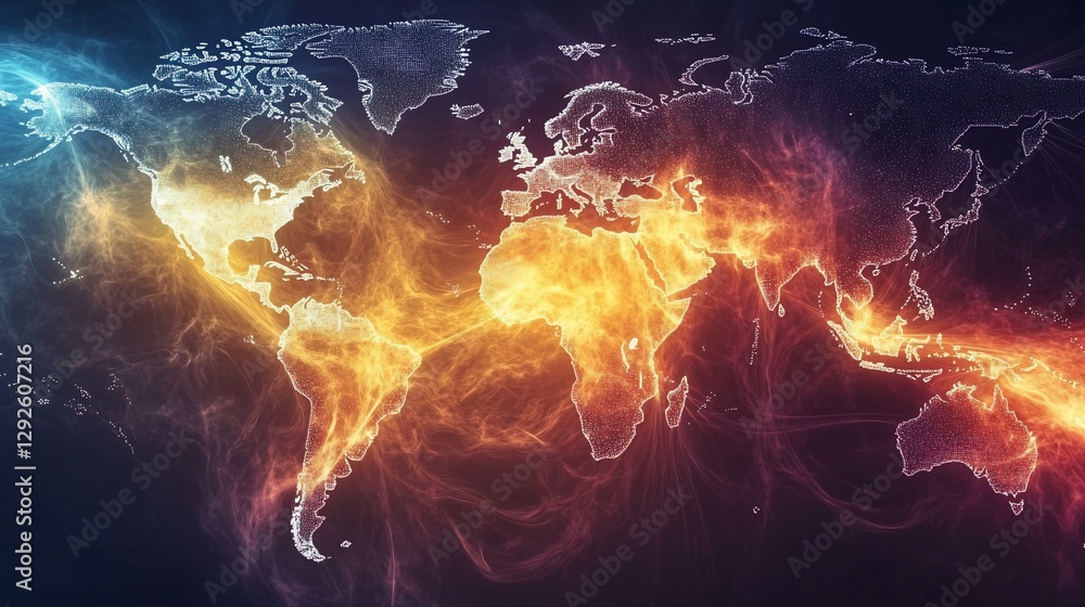 Aufkleber abstract world map with a fiery aura and interconnected networks visual