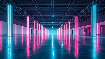 Neon Warehouse: Glossy Floor Industrial Space with Columns