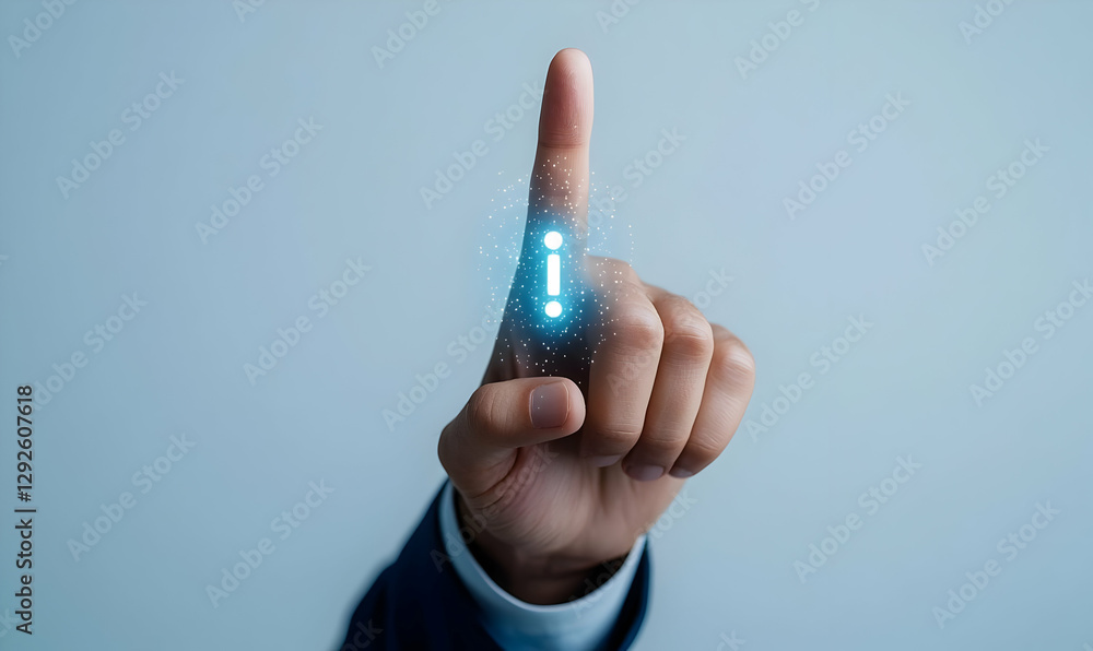 Poster hand pointing upward with digital info symbol and sparkles effect